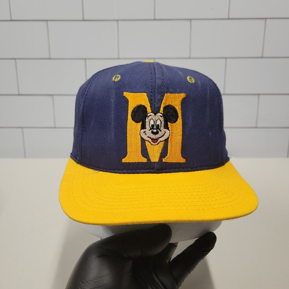 Vintage Disney Mickey Mouse M Logo Snapback Hat Navy Yellow USA Made 90s